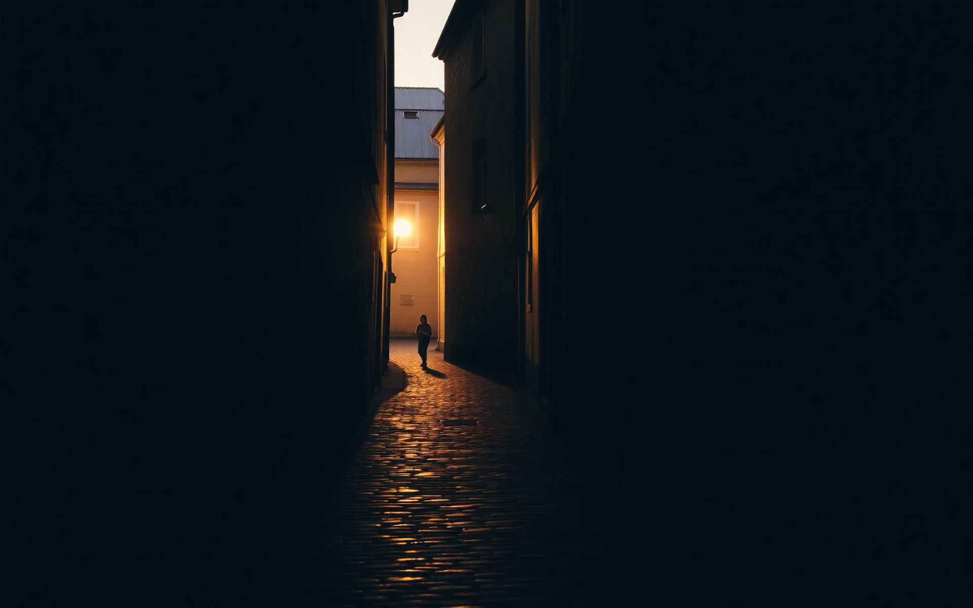 A lone traveller walks a cobblestone alley at dawn